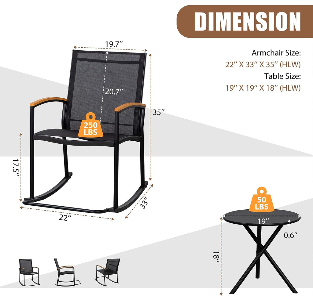 Black Textilene Outdoor Rocking Bistro Set