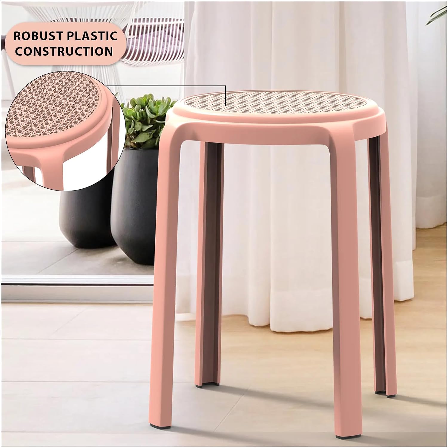 Pink Round Stackable Modern Plastic Dining Stools