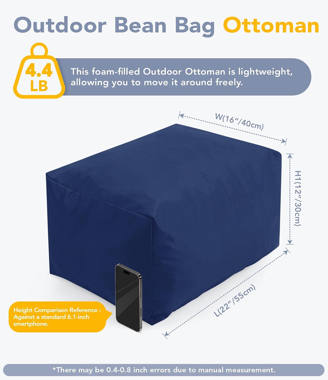 Navy Foam Rectangular Waterproof Outdoor Ottoman