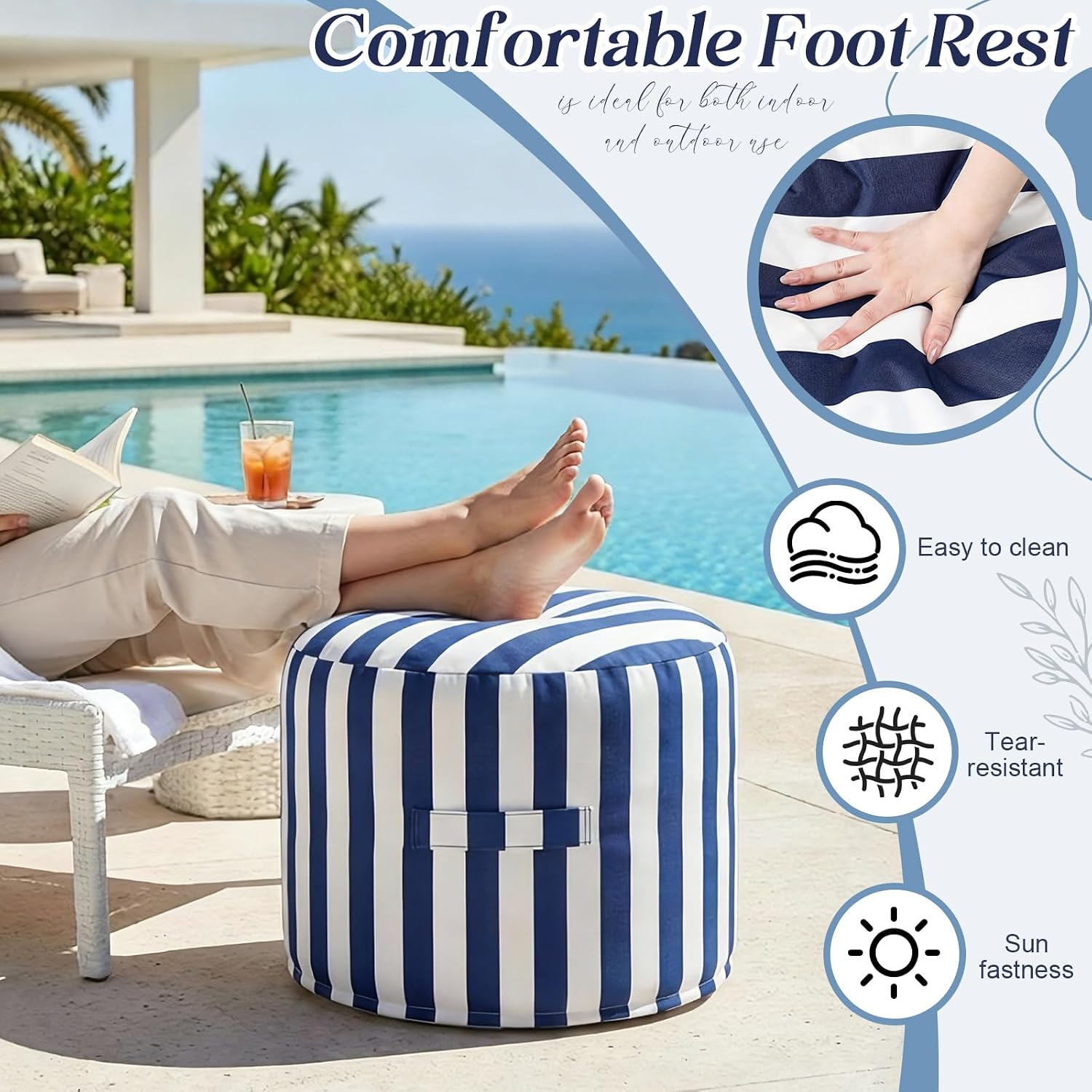 Striped Waterproof Round Outdoor Foot Ottoman