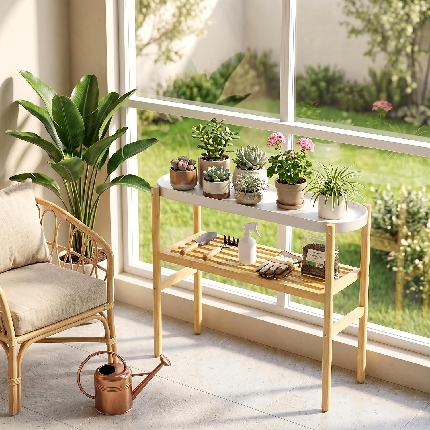 Two Tier Bamboo Steel Top Indoor Plant Shelf