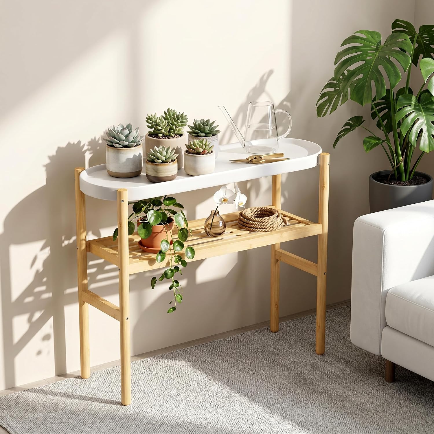 Two Tier Bamboo Steel Top Indoor Plant Shelf