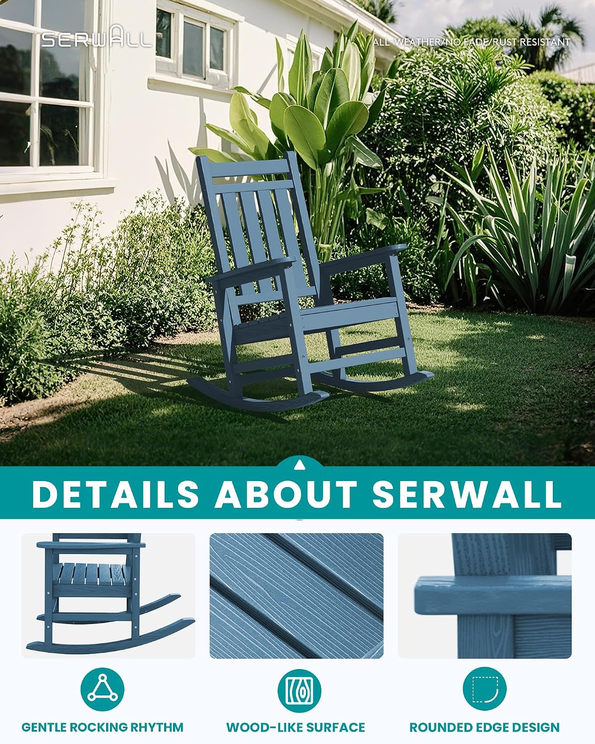 Blue HDPE Oversized Patio Rocking Chairs