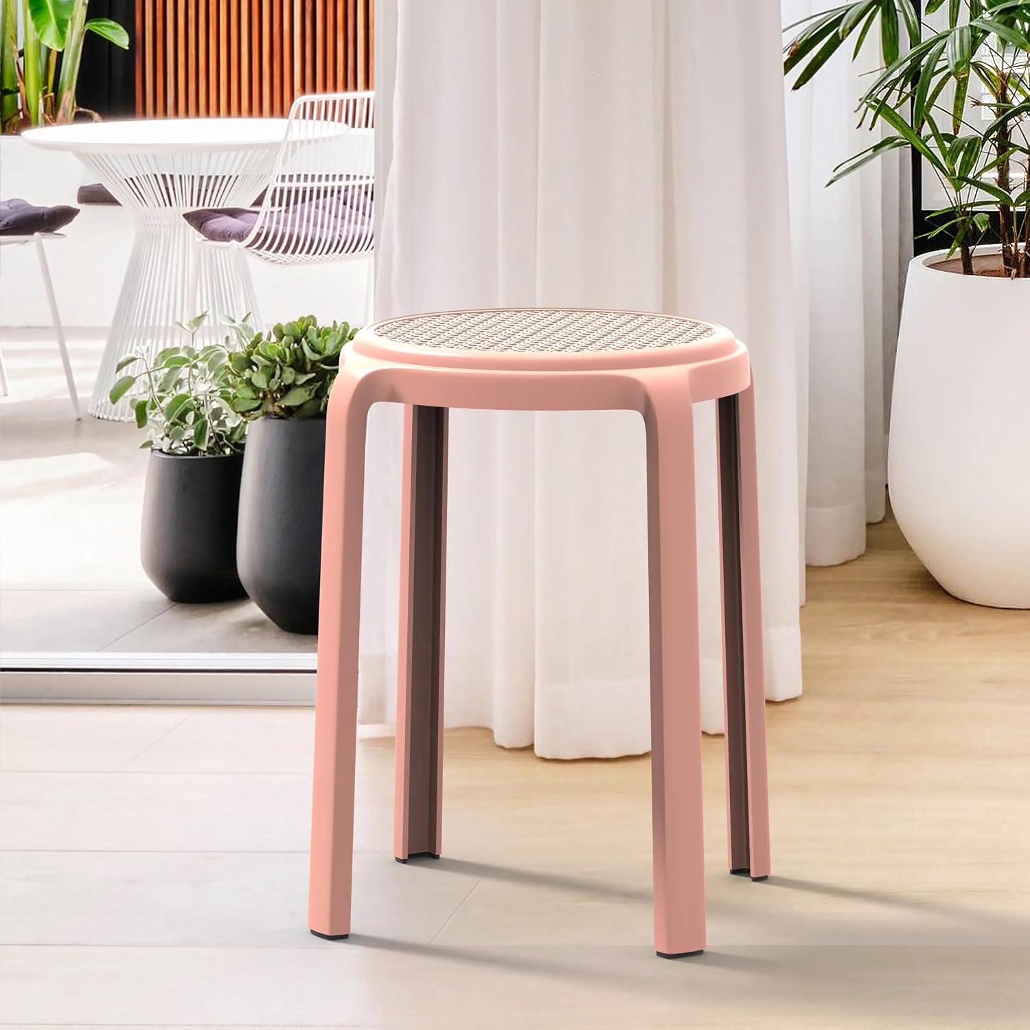 Pink Round Stackable Modern Plastic Dining Stools