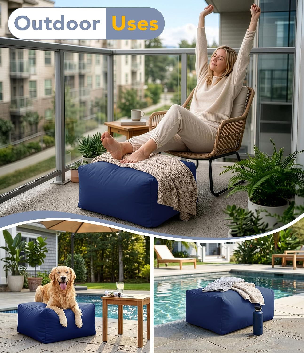 Navy Foam Rectangular Waterproof Outdoor Ottoman