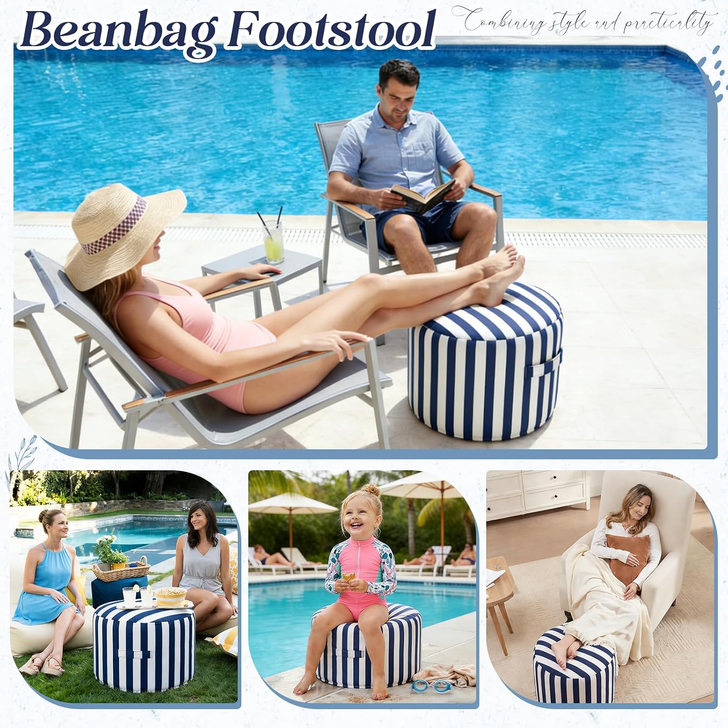 Striped Waterproof Round Outdoor Foot Ottoman