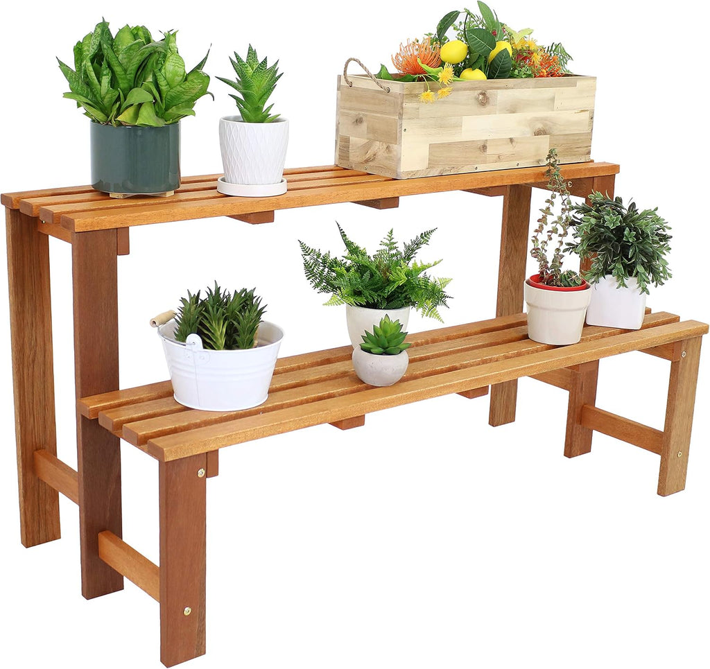 Light Brown Meranti Wood Two Tier Plant Bench