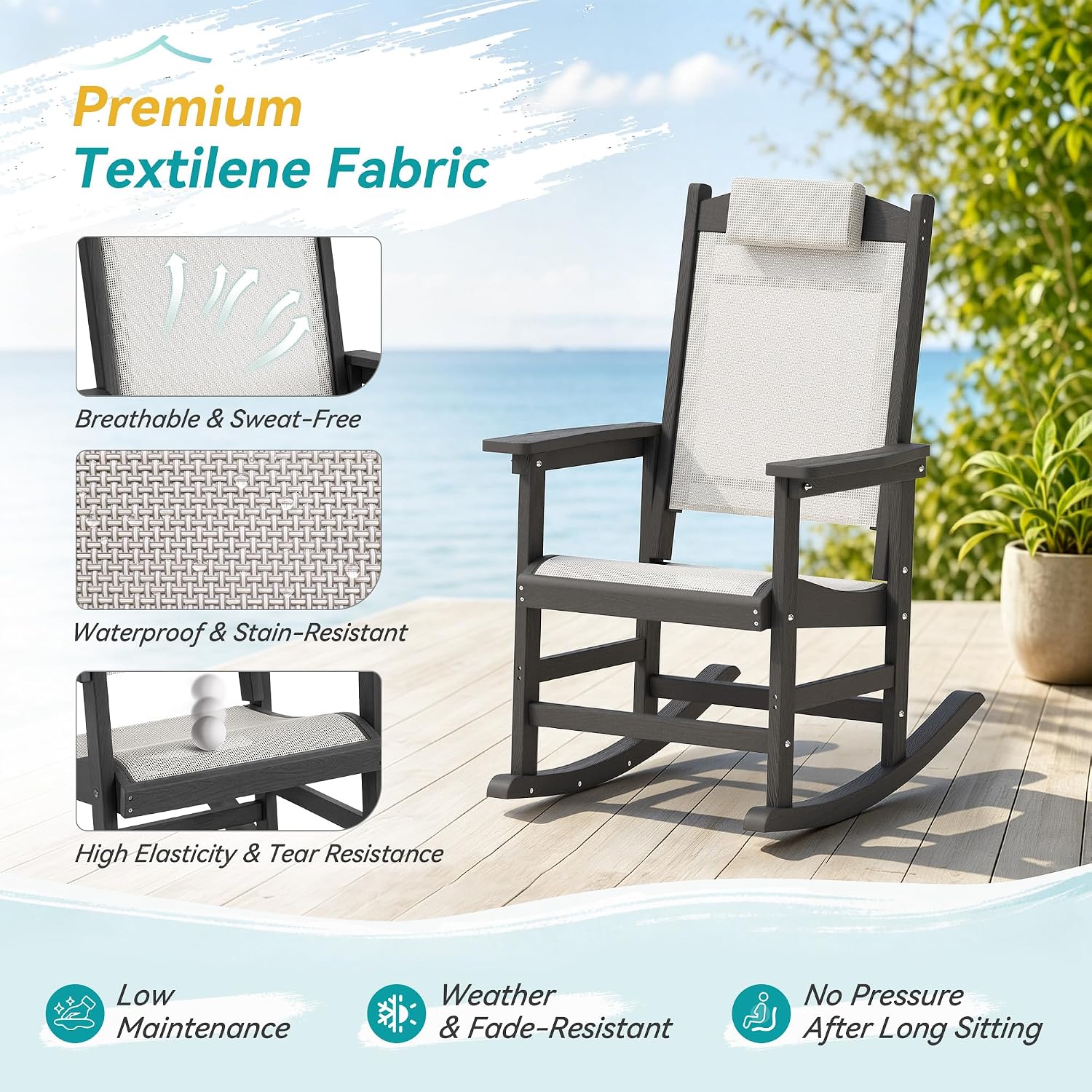 Black HDPE Outdoor Textilene Rocking Chairs