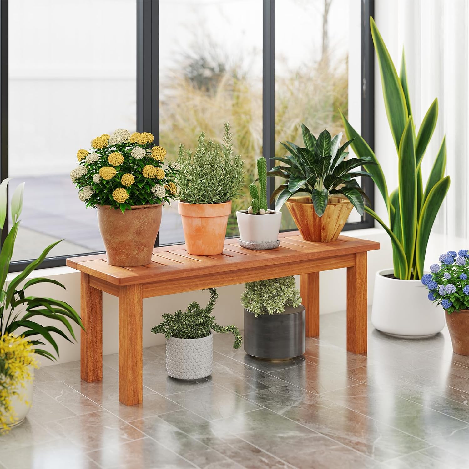 Rustic Teak Finish Solid Wood Plant Stand