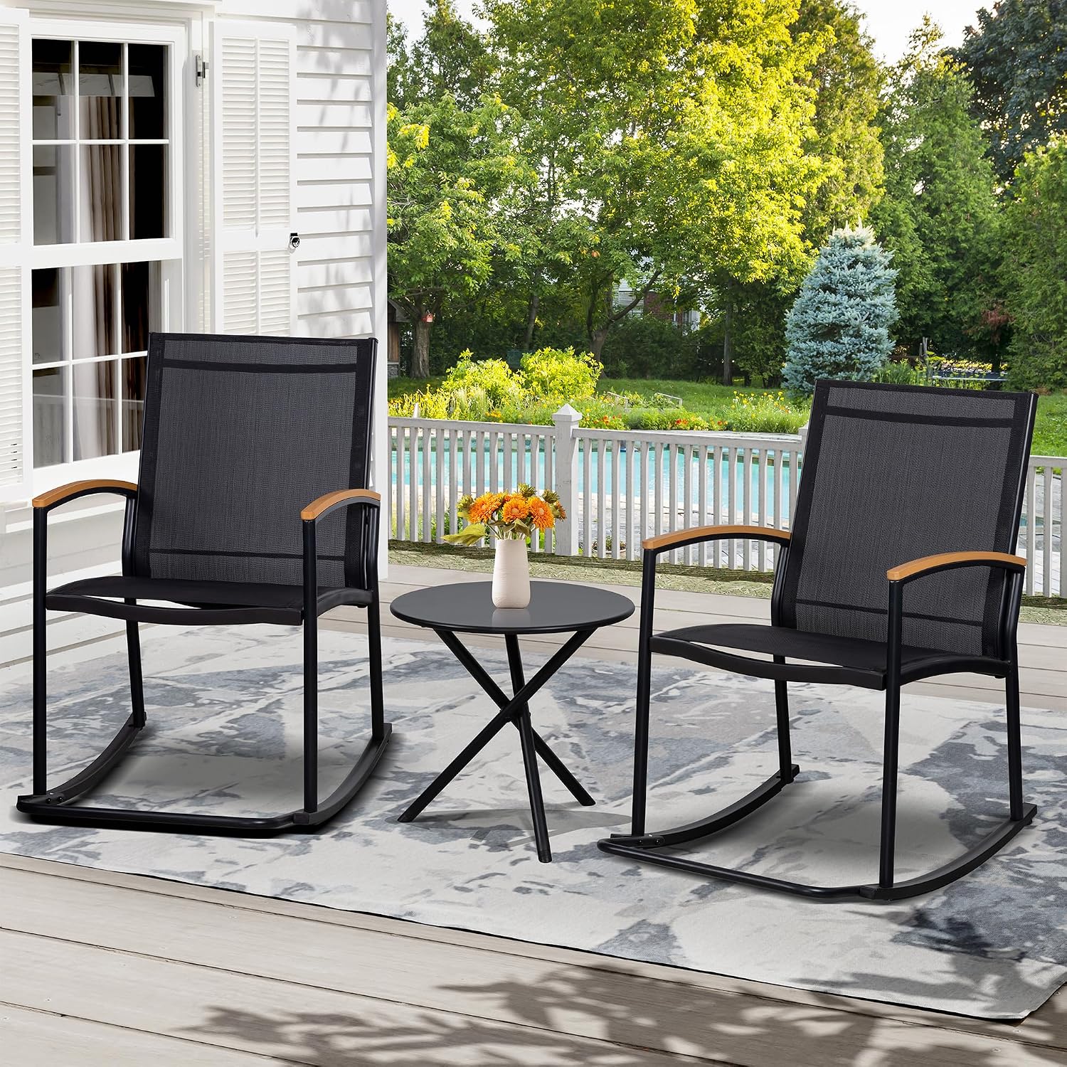 Black Textilene Outdoor Rocking Bistro Set