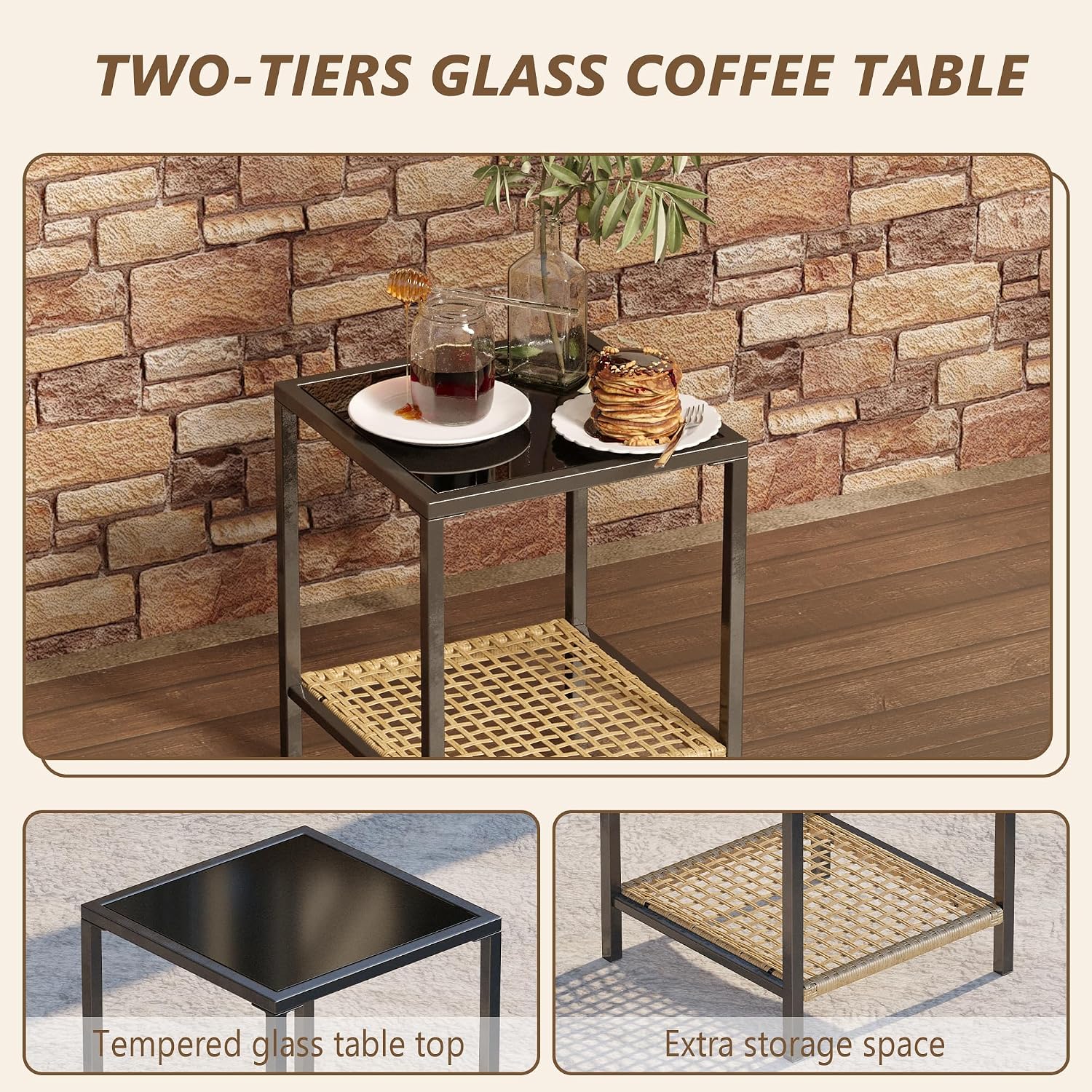 Beige Patio Rocking Bistro Glass Table Set