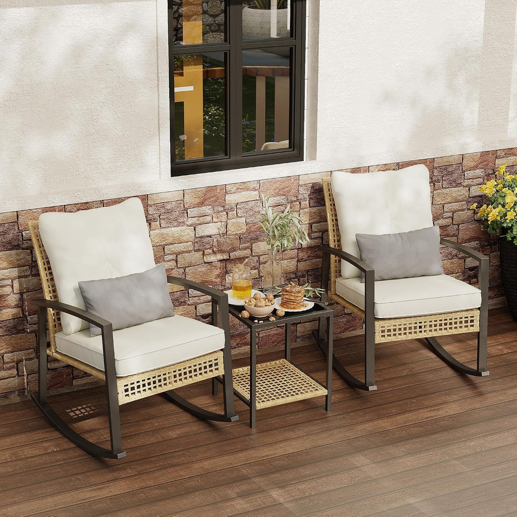 Beige Patio Rocking Bistro Glass Table Set
