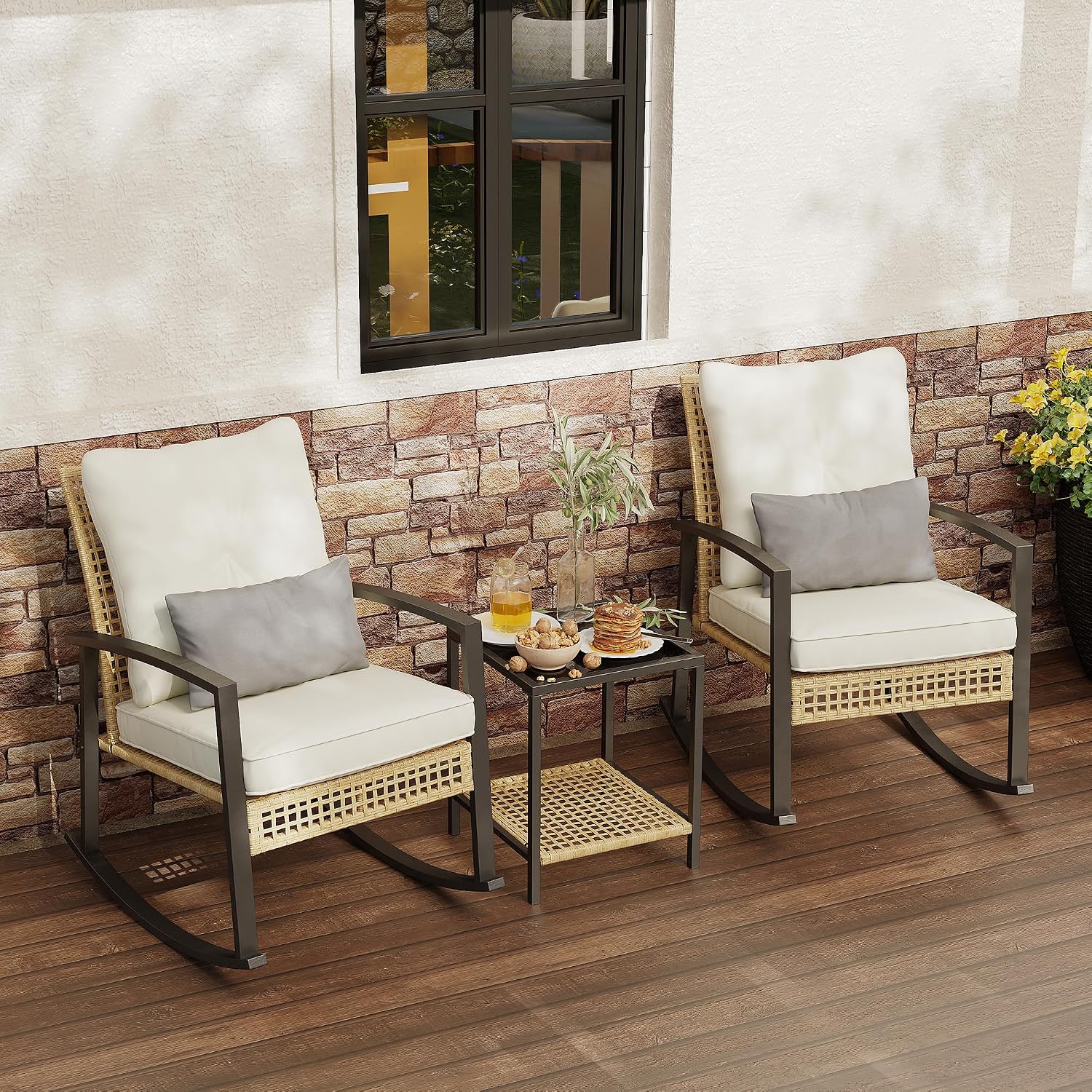 Beige Patio Rocking Bistro Glass Table Set