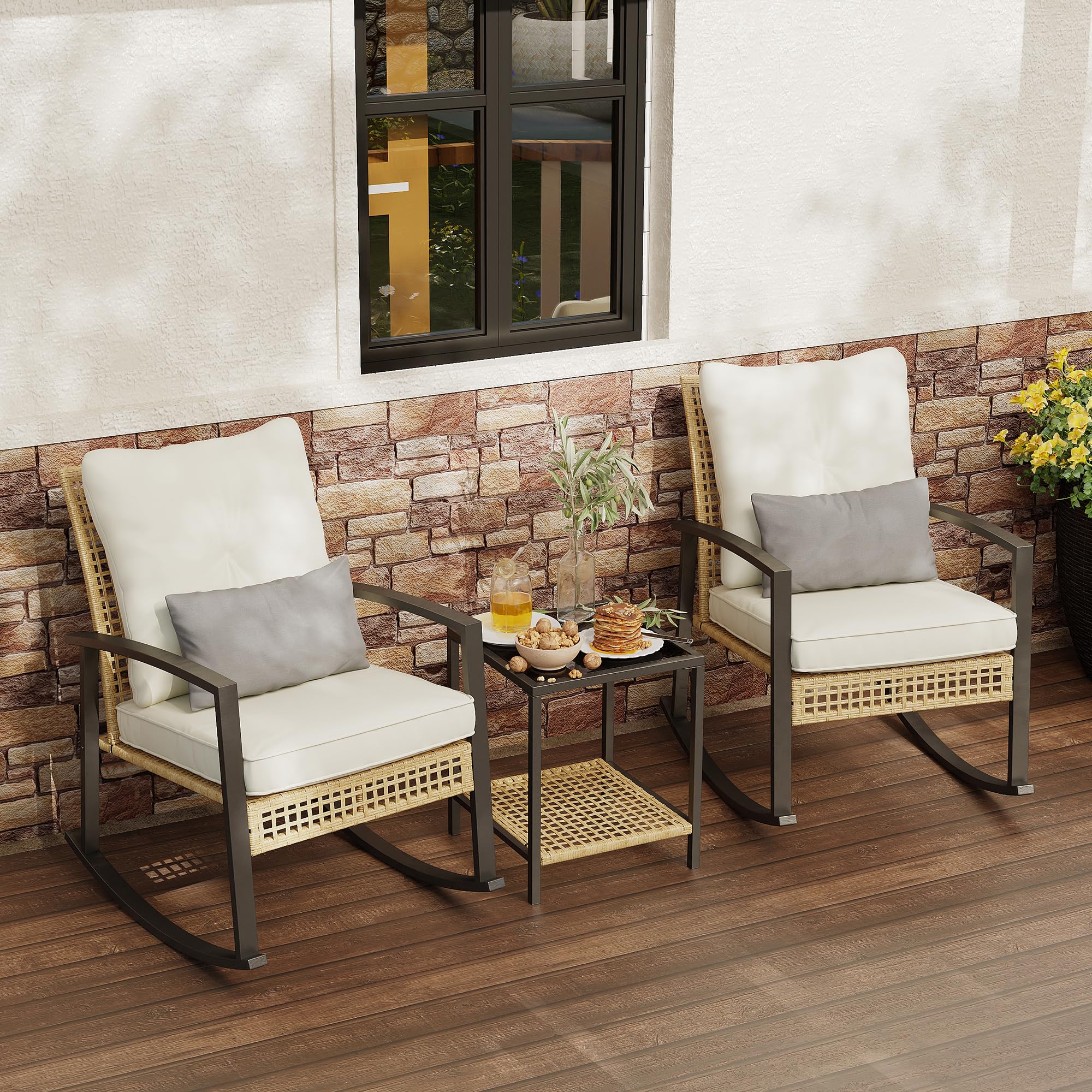 Beige Patio Rocking Bistro Glass Table Set