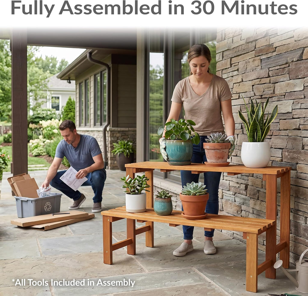 Light Brown Meranti Wood Two Tier Plant Bench