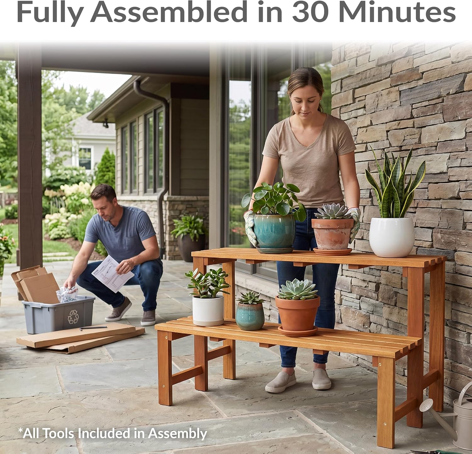 Light Brown Meranti Wood Two Tier Plant Bench