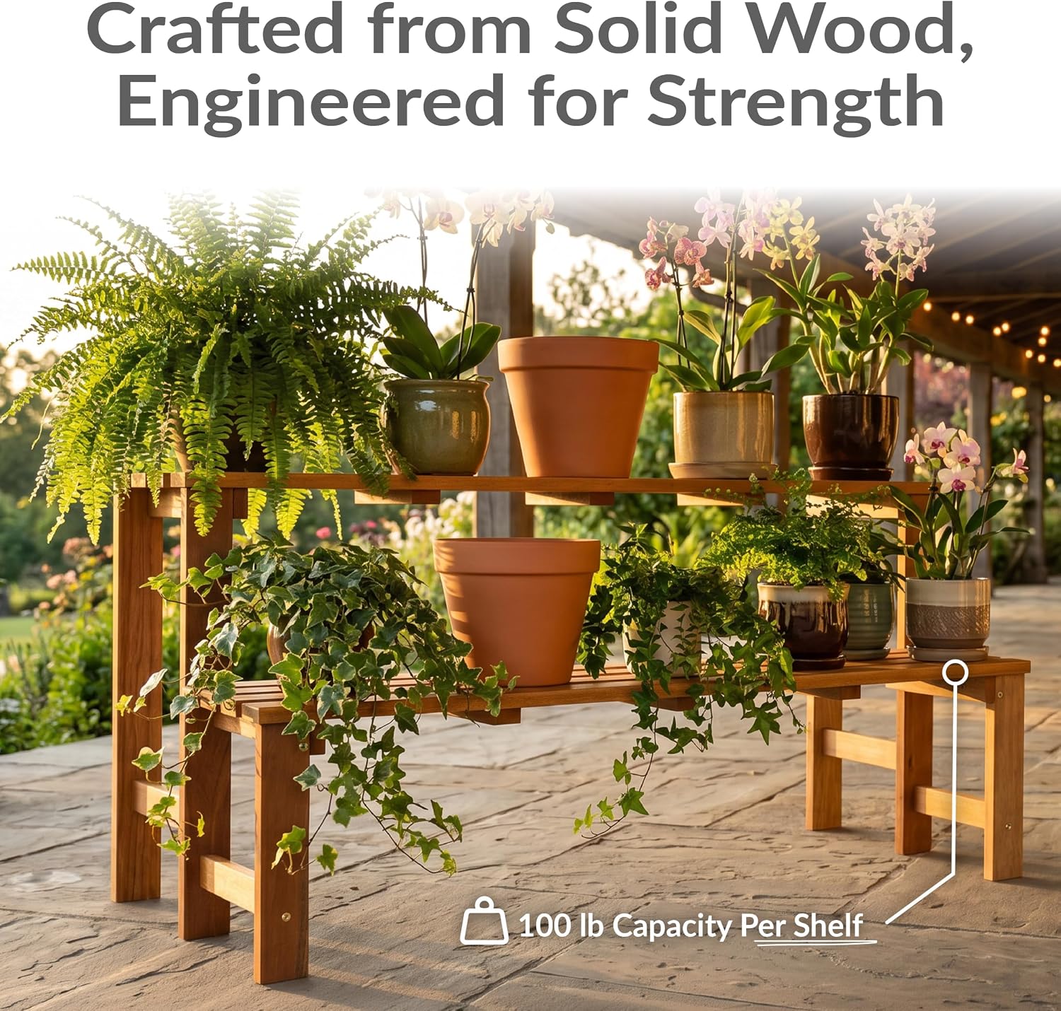 Light Brown Meranti Wood Two Tier Plant Bench
